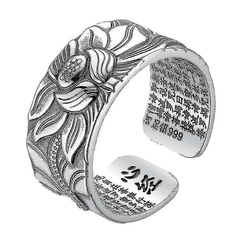 99 خاتم لوتس فضي مع قلب سوترا قابل للتعديل مفتوح نهاية خاتم الاصبع مجوهرات هدايا- Yvan