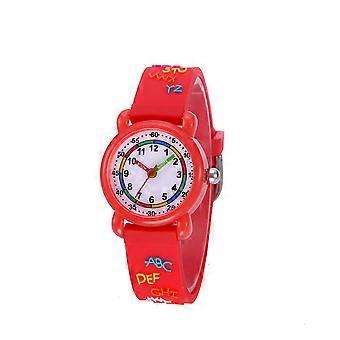 Kinder Cartoon Uhr, Buchstabenmuster wasserdichte Armbanduhr für Kinder 3-12 Jahre altrot