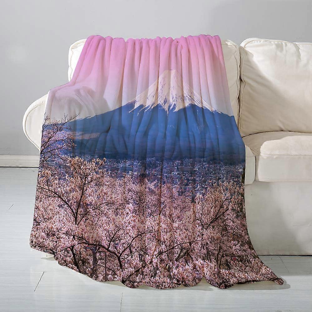 flannel Blanket Sofa ThrowBlue Japan Mountain Fuji in Spring Cherry Blossom Sakura Orange Mount- Versatile Blanket Fluffy Soft Throw for Bed and Couch