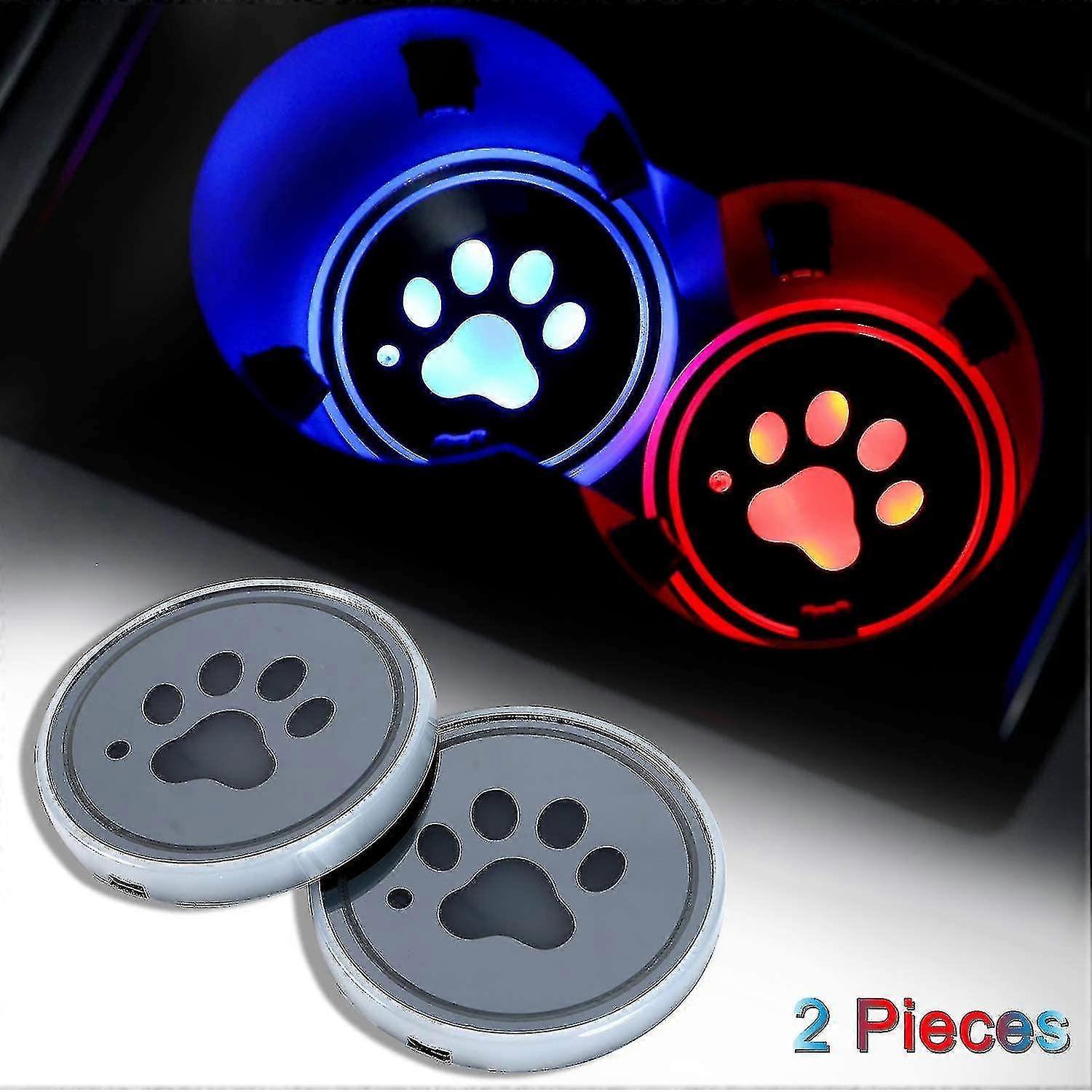 2 Pack Led Cup Holder Lights, Dog Paw Car Coaster With 7 Colors Changing Usb Charging Mat, Luminescent Cup P Interior Atmosphere Lamp Decoration Light