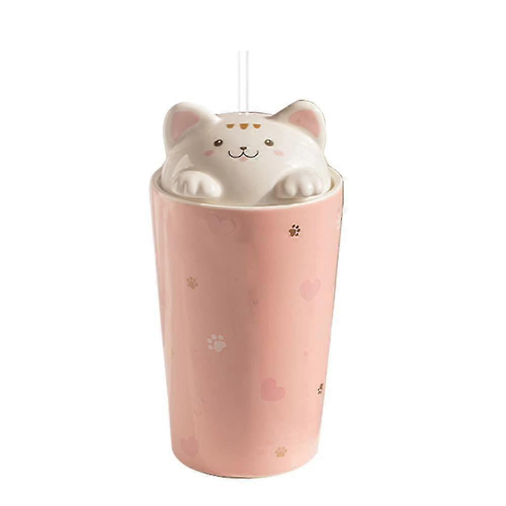 Cat Coffee Mug With Lid, Ceramic Travel Mug With 3d Cat Lid, Reusable Tall Mug For Tea, Milk, Bubble Tea(pink)