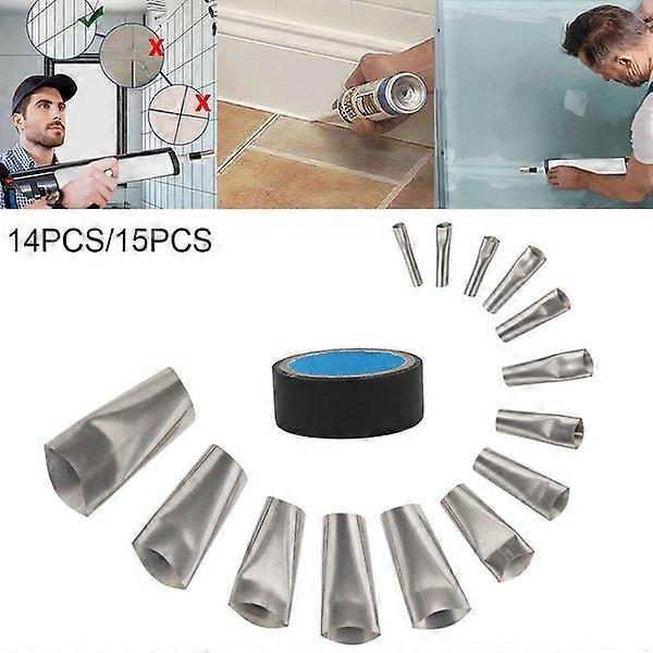 Stainless Steel Caulking Finisher Silicone Tool Set with 14 Nozzles and Tape for Precision Sealing in Various Sizes
