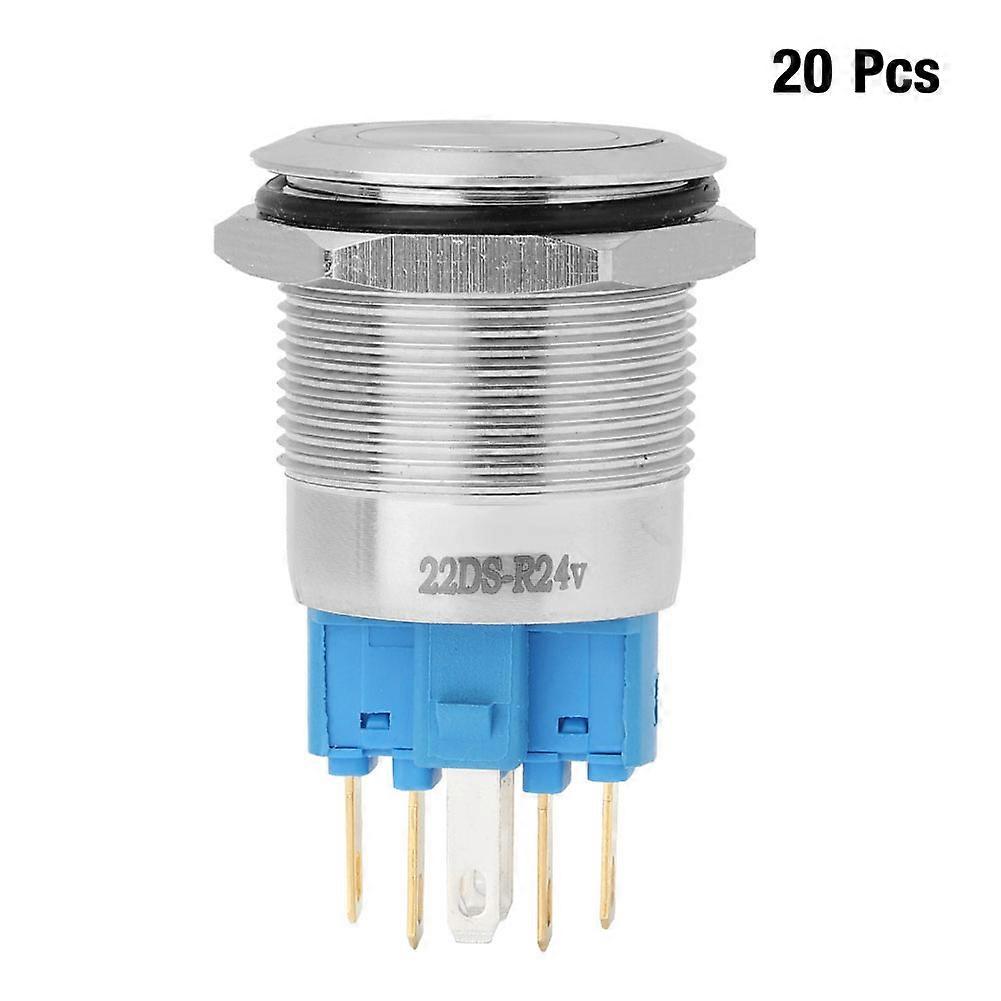 20Pcs 22mm Self locking Type Flat Ring Head with Light Stainless Steel Button Switch(red)