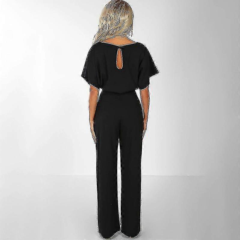 נשים שרוולים קצרים אוברול רגל רחבה מסיבה רשמית מכנסיים ארוכים חליפת משחק(XXL)