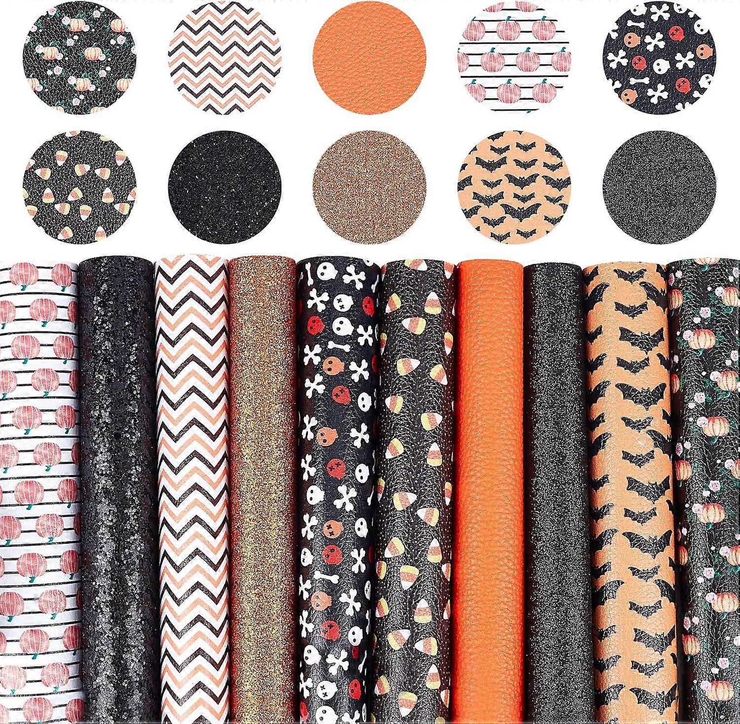 Halloween Printed PU Leather Fabric Sheet for DIY Bows Earrings Making Crafts Mixed Color 21.1x16x0.05cm 10sheets/set