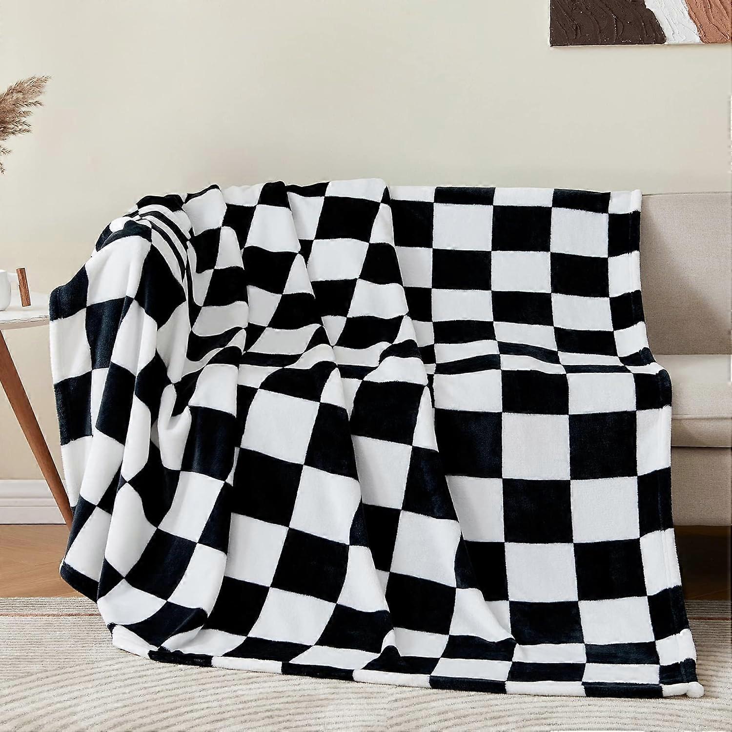 Checkered Throw Blanket Twin Size for Couch and Bed, Luxurious Fleece Blanket with Checkerboard Grid Home Decor, Soft Cozy Black and White Warm Blanke