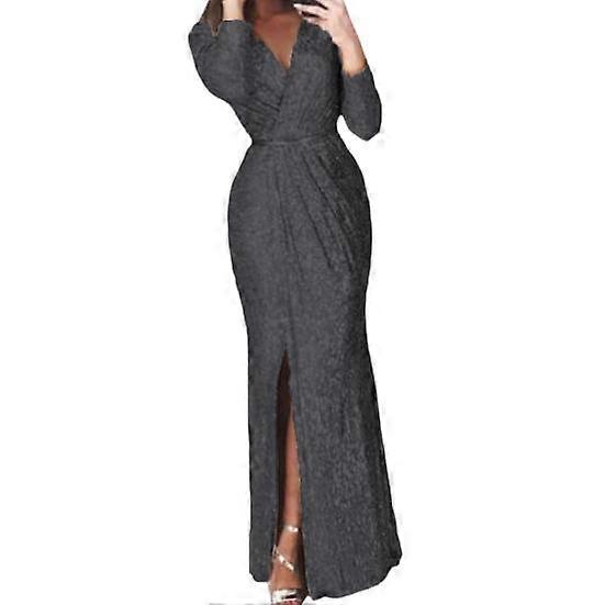 Women Evening Dress Deep V Neck Sequin Decor Long Sleeves Elastic Waist Pleated Split Hem Solid Color Formal Occasions Wedding Party Prom Maxi Dress
