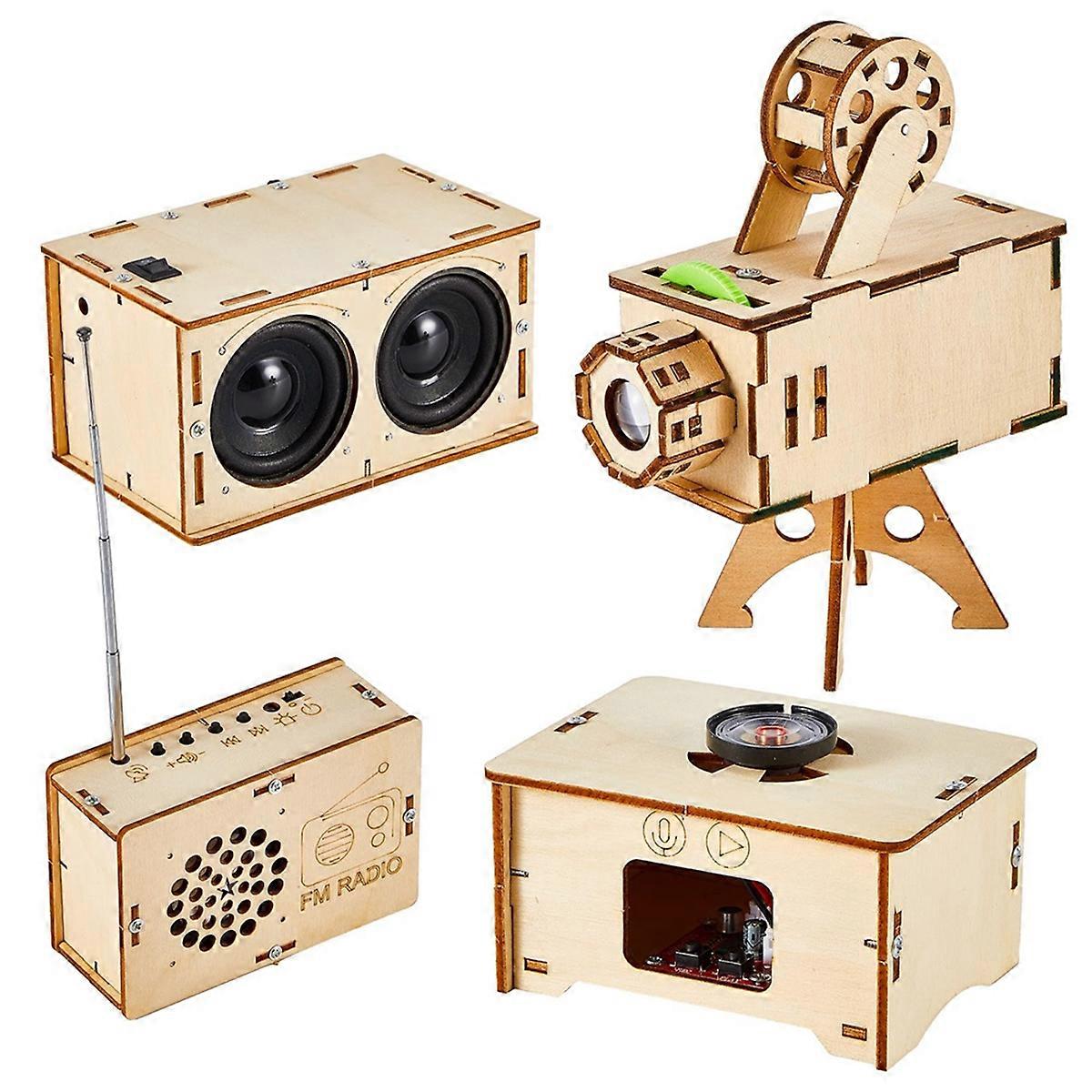 4 Set of Wooden Puzzle DIY Craft Kit Speaker Radio Gramophone Projector Soldering Practice DIY Elec