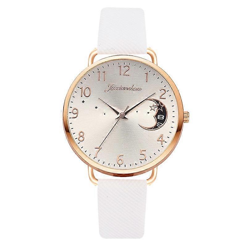 Ladies Moon Pattern Dial PU Strap Quartz Watch, Color: White