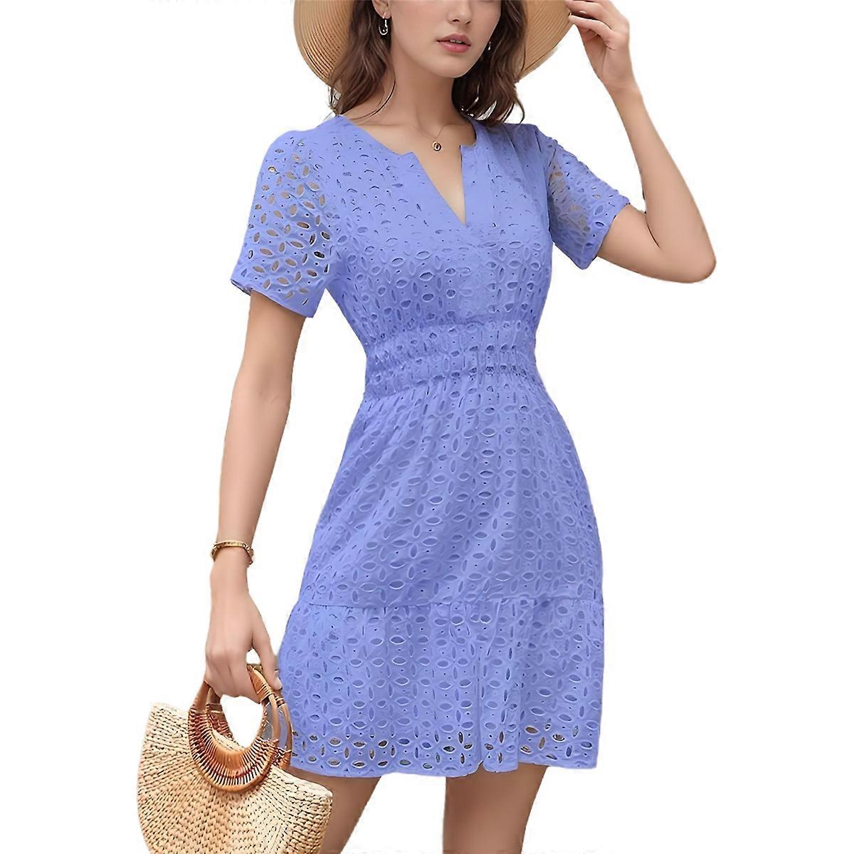 V Neck Eyelet High Waist A-Line Skirt Light Blue XXL