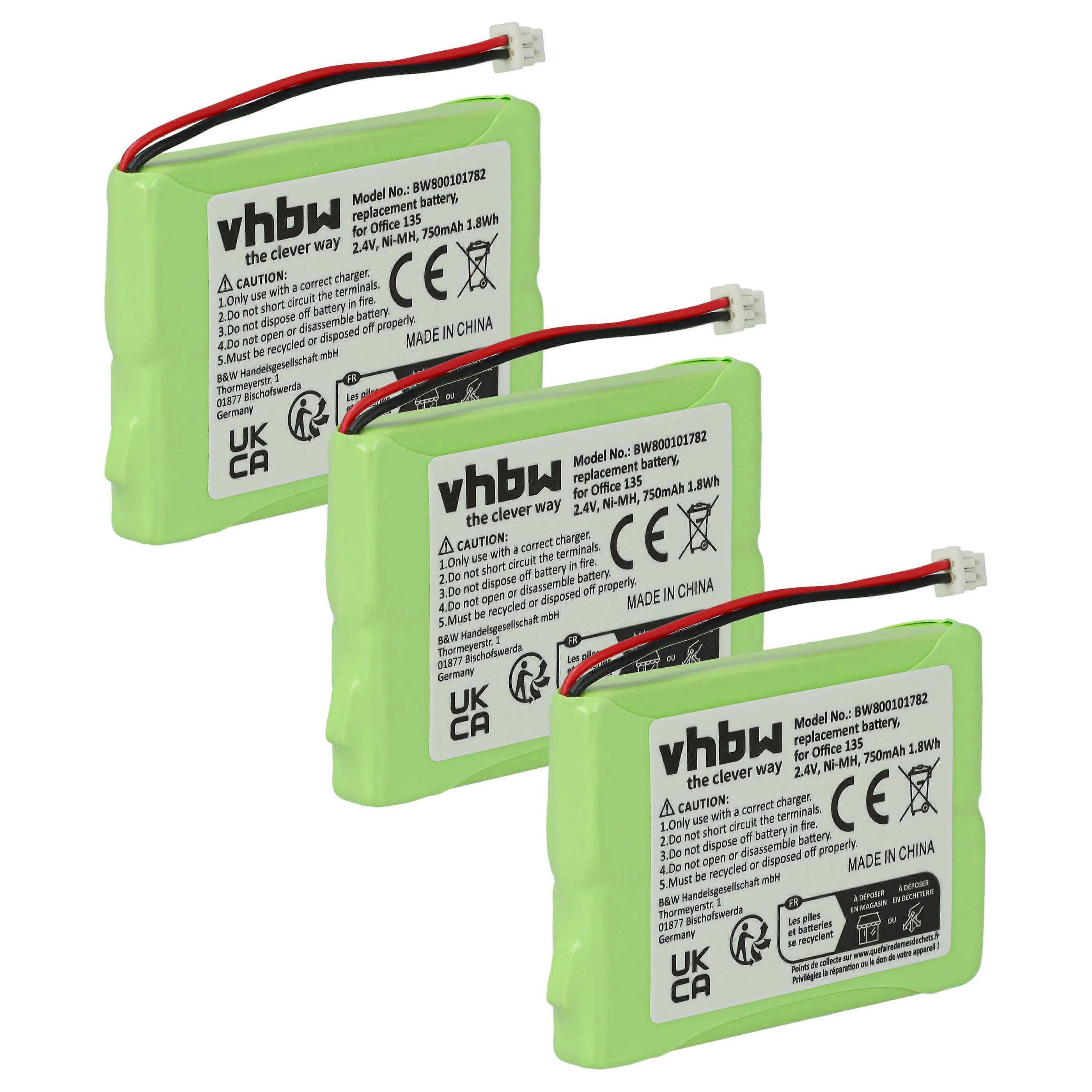 vhbw 3x bateria zamienna do 20328196BD, 2010 do bezprzewodowego telefonu stacjonarnego (750 mAh, 2,4 V, NiMH)
