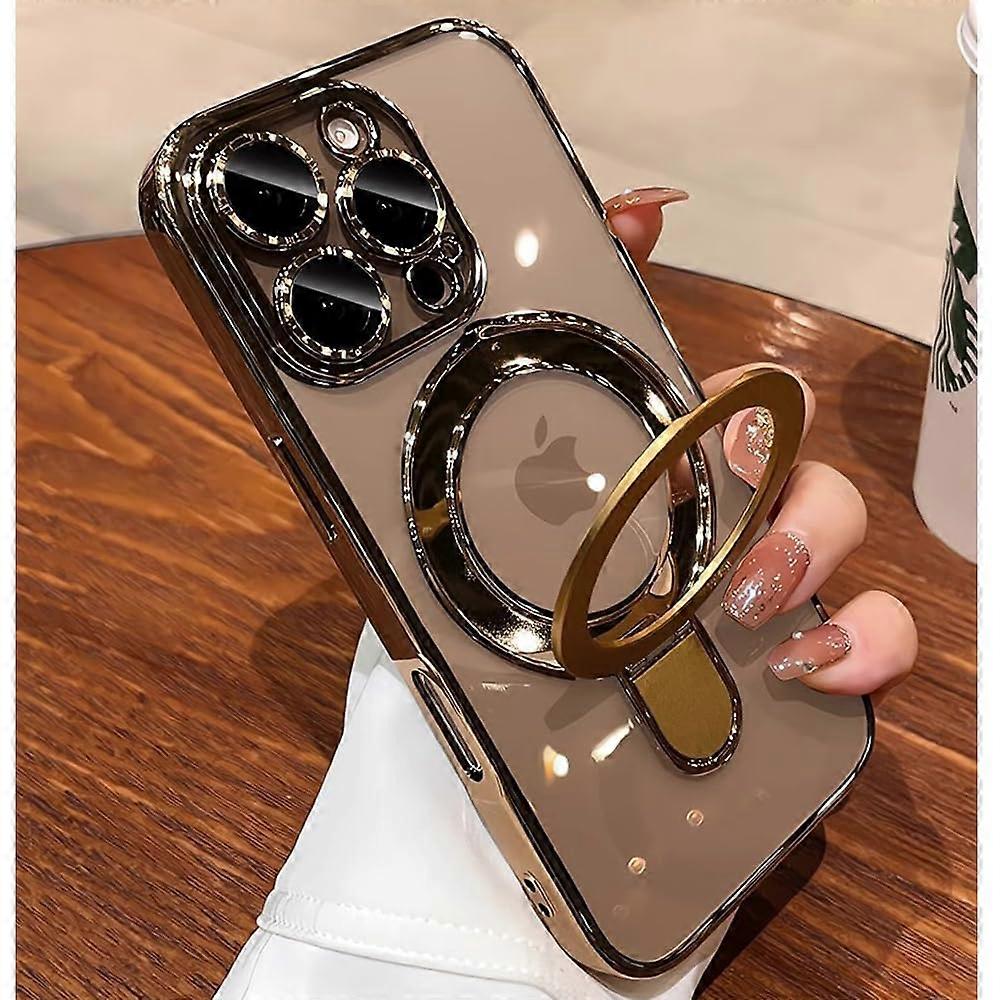 Magnetic Ring Case for iPhone 16 Pro Max 6.9" with Kickstand, MagSafe Compatibility, Shockproof, Clear Gold with Camera Lens Protector