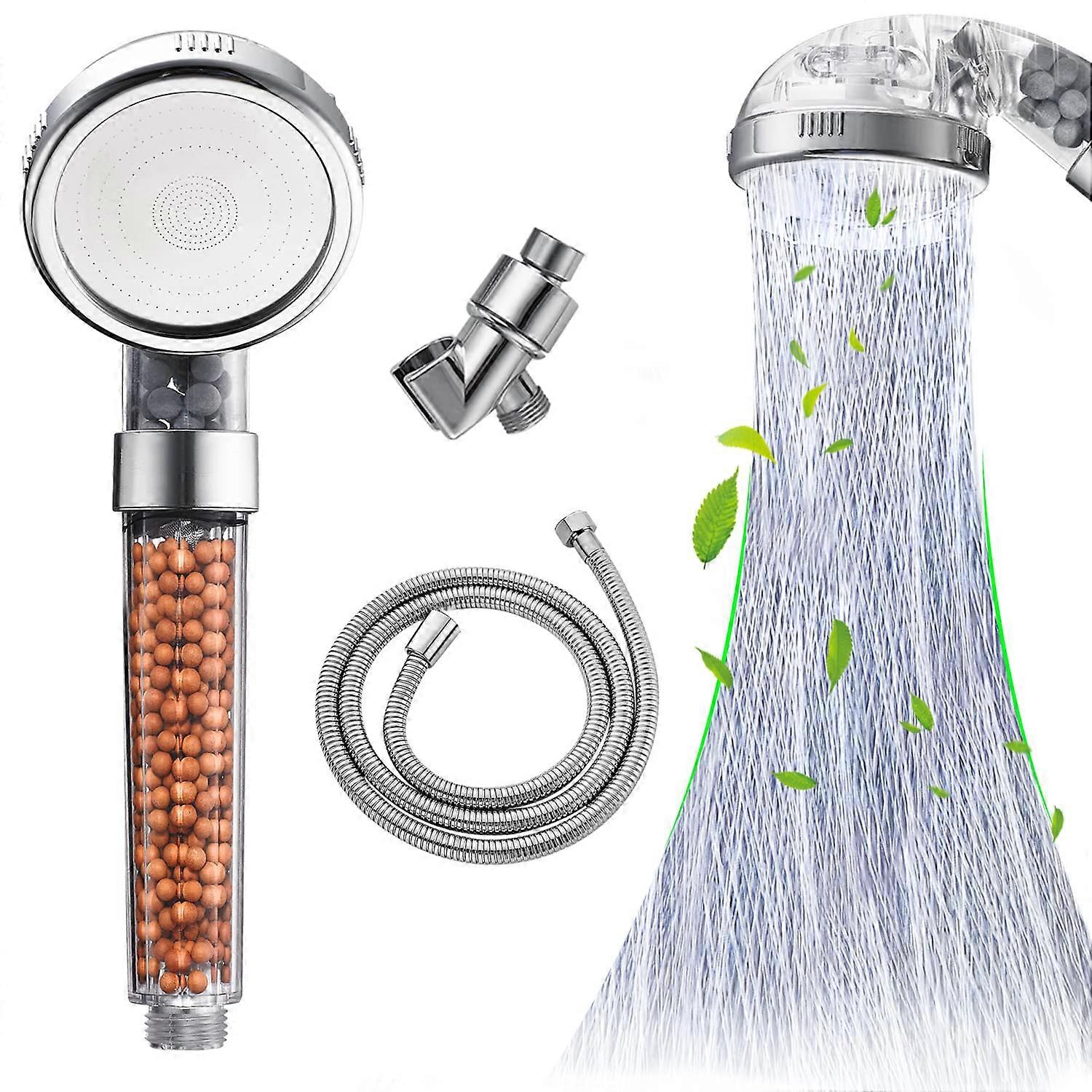 High Pressure Shower Head with Hose and Brackets, Red Ionic Turbo Vortex Water-Saving Filter, 3 Modes
