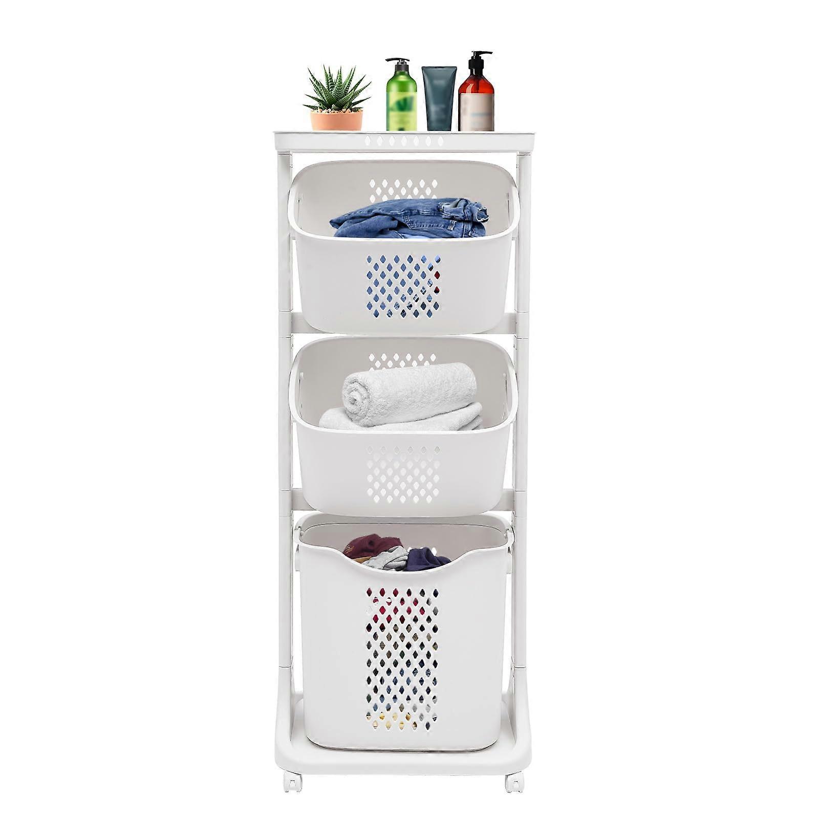 3 Tier Laundry Rack with Basket, stand Laundry Hamper Basket Sorter with Wheels,Clothes Storage Organizer Shelf Rolling Cart for Bathroom/Kitchen