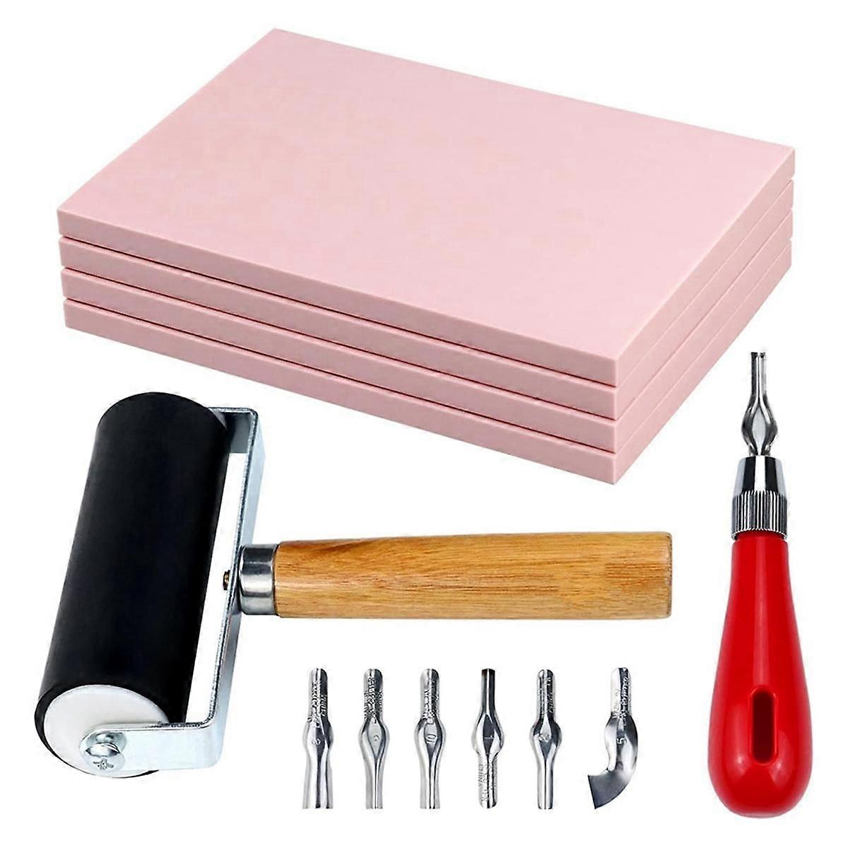 Pack de 4 blocs de sculpture de timbre de bloc en caoutchouc avec des outils de coupe et un rouleau de Brayer en caoutchouc pour la gravure et plus d’artisanat
