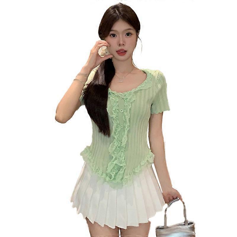 Summer Round-Neck Lace Patchwork Irregular Sweet Knitted Short-Sleeved Pullover Top