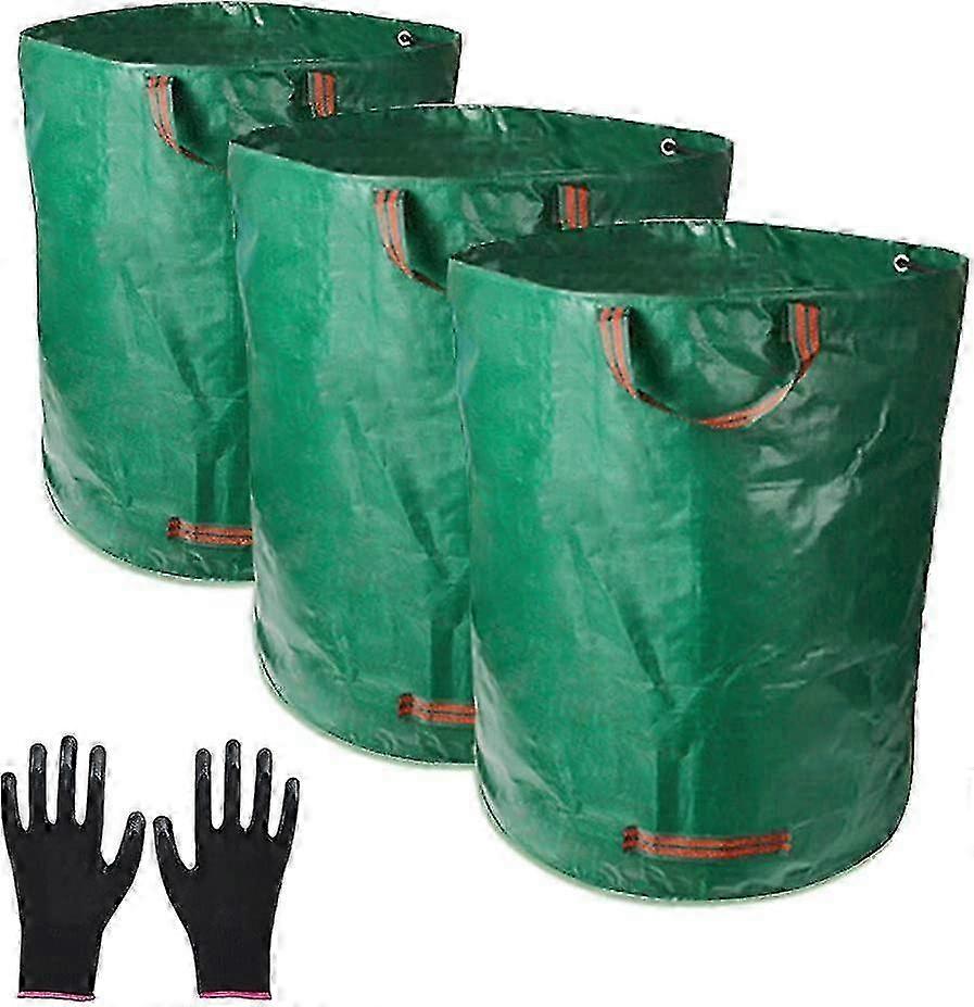 Heavy Duty Garden Waste Bags, 3x300l Durable Waterproof Large Bags With Handles, Foldable And Reusable, Includes One Pair Of Protective Glov