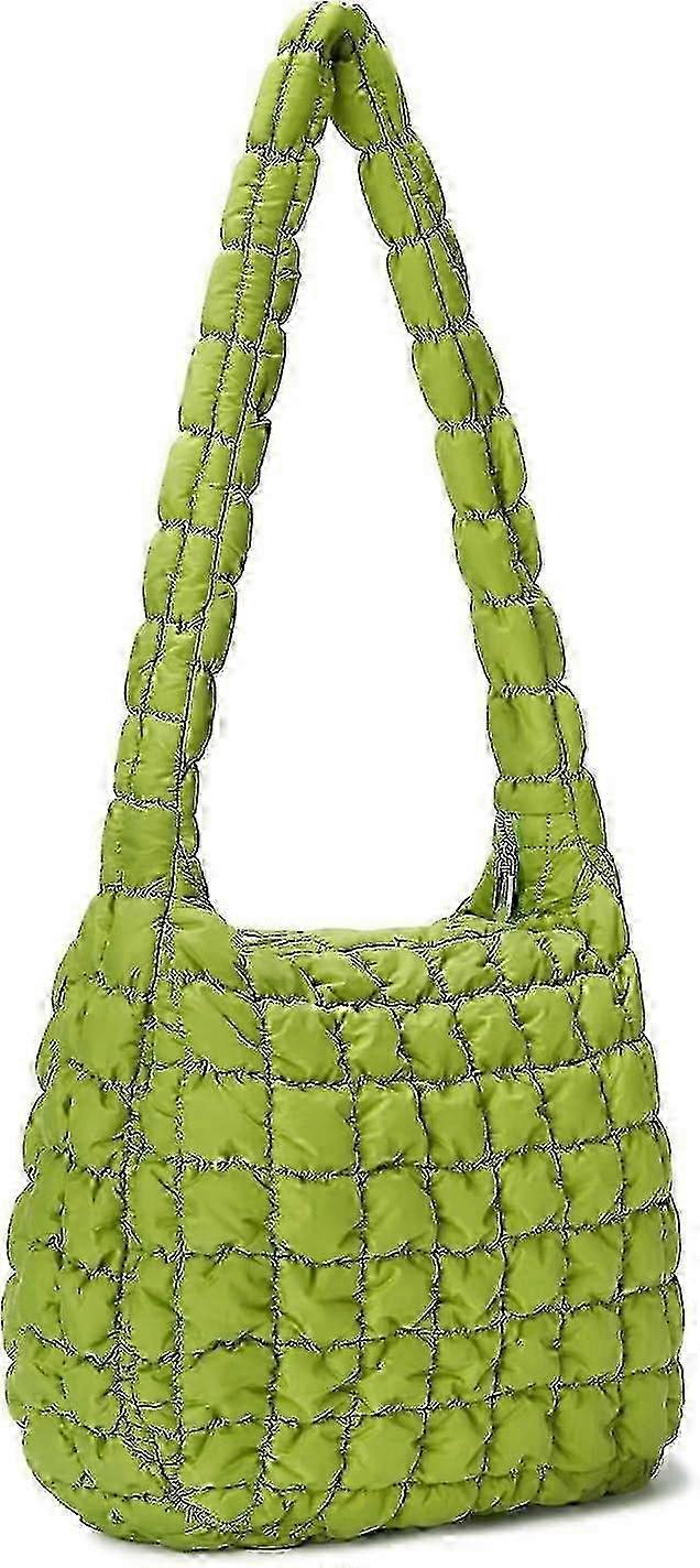 キルティングパファートートバッグ - グリーンの軽量クロスボディショルダーバッグ