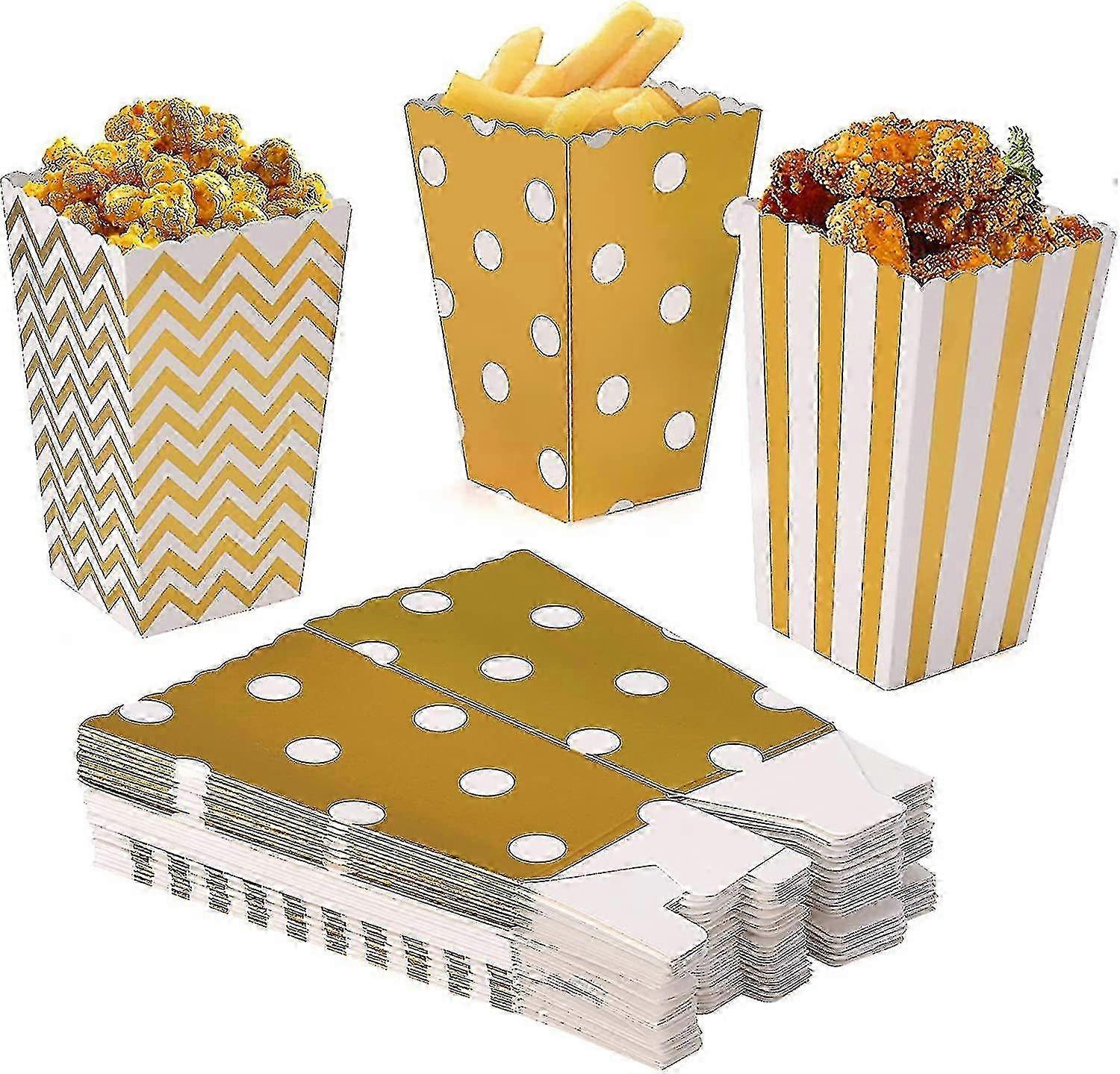 2025 Gold - Popcorn Box 120 Popcorn Boxes Paper Bag Birthday Party (stripes*40, Waves*40, Dots*40)