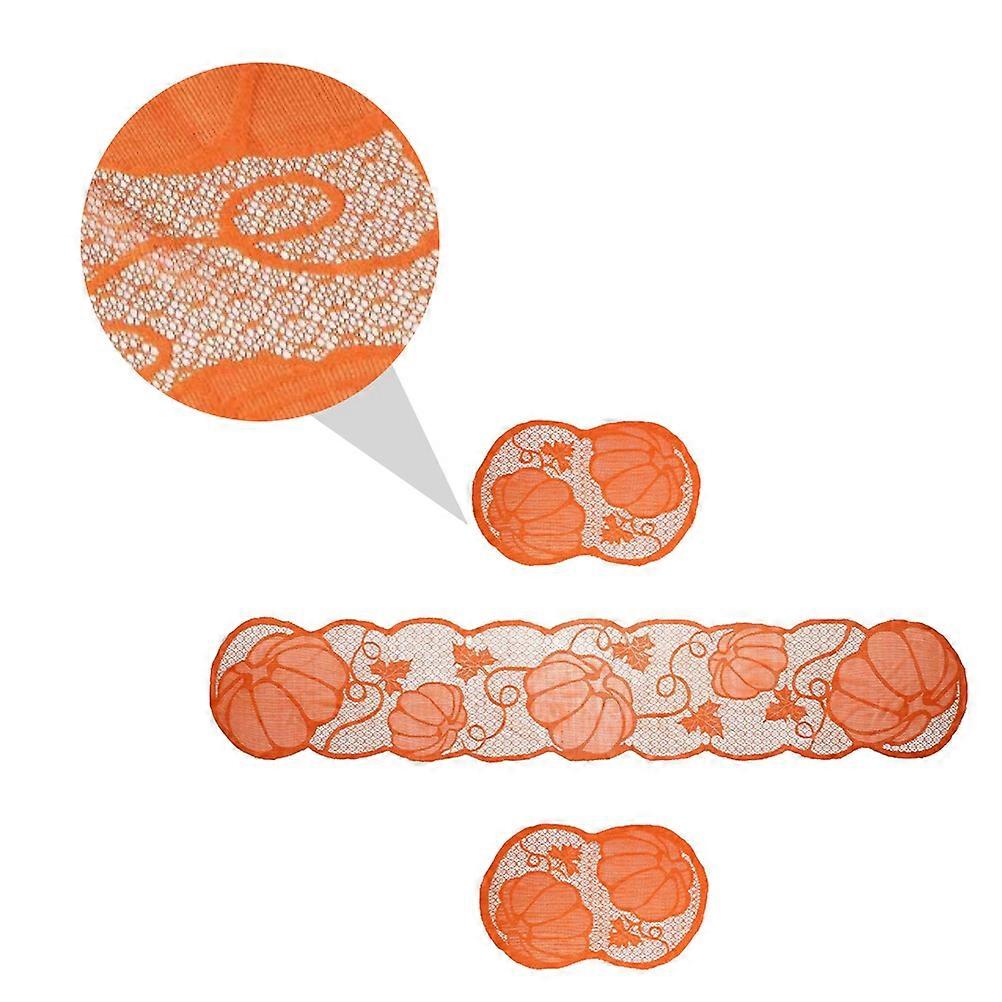 Hollowed Pumpkin Lace Table Runner and Mats Set with Maple Leaf Design for Harvest Party and Holiday Dining Decor