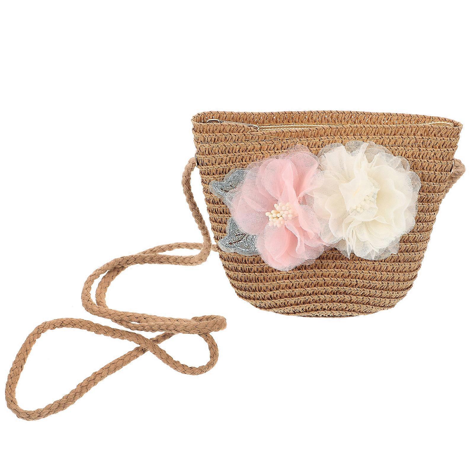 Small Straw Crossbody Bag Beach Use White 1Set