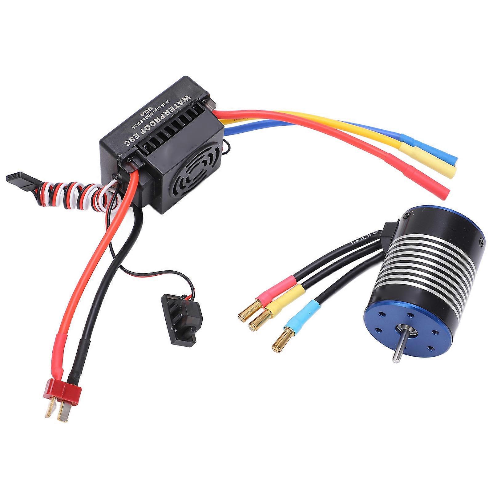 4 Poles RC 3650 3500KV Sensorless Brushless Motor with 60A Waterproof ESC for 1/10 RC Car