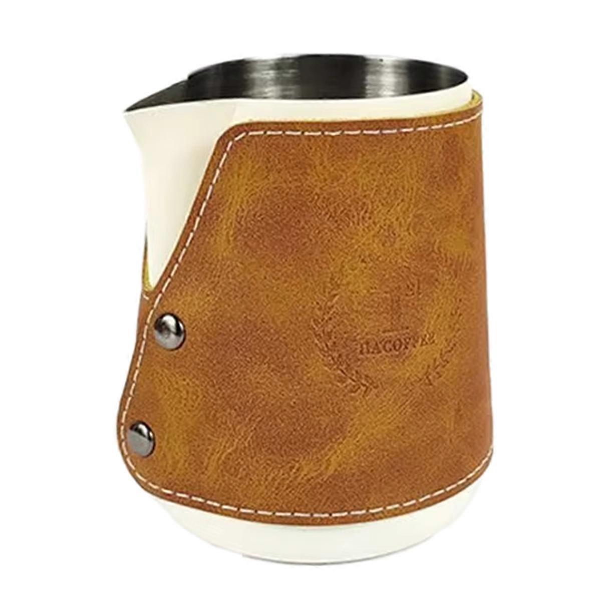 400ml Stainless Steel Milk Frothing Jug with Leather Cover - Vintage Style Coffee Art Pitcher for Latte & Cappuccino A