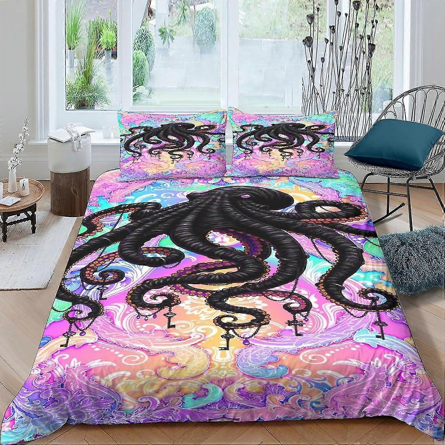 Set copripiumino stampato polpo con effetto colore 3D con federe per bambini e adulti, set di biancheria da letto trapunta in microfibra doppio