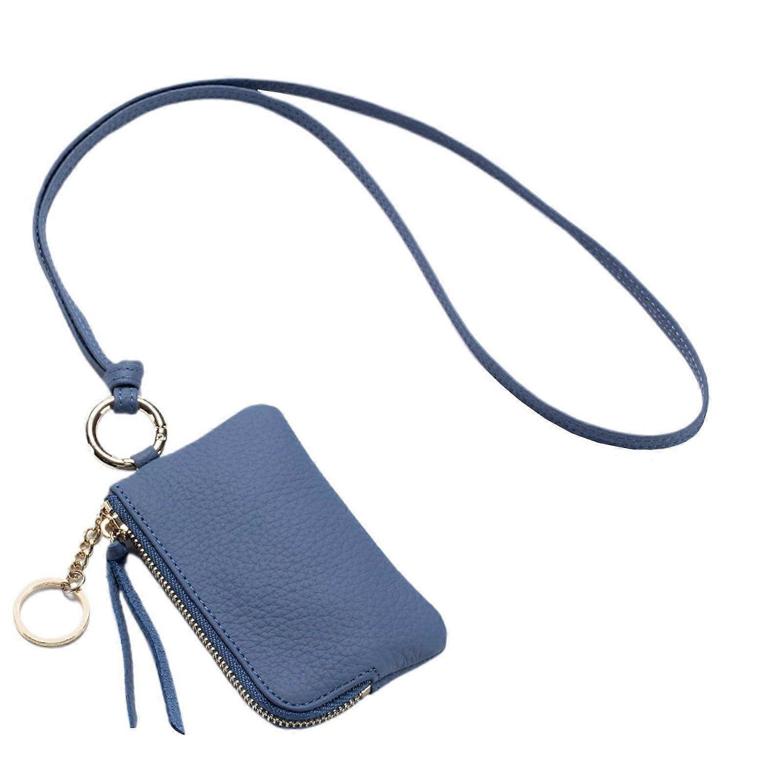 Mini Leather Coin Purse with Keychain and Lanyard, Portable Zipper Wallet for Men and Women in Denim Blue