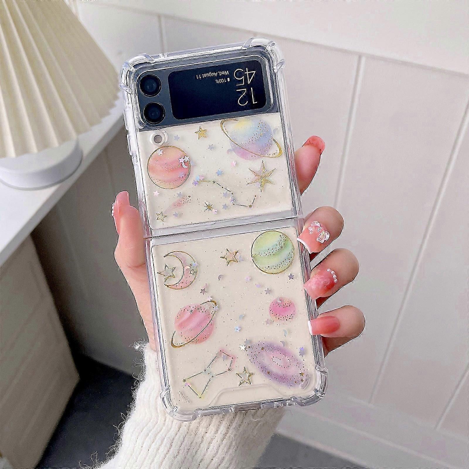 Z Flip 5 Şeffaf Kılıf, Yumuşak Şeffaf Esnek Kauçuk Gezegen Uzay Yıldızları Sparkle Kılıf Kızlar Kadın Glitter Darbeye Dayanıklı Koruyucu Kılıf
