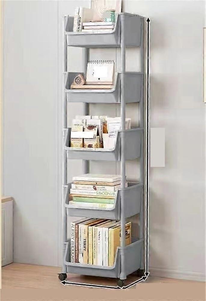 5tier corner shelf with wheels, movable bookshelf desk storage, stylish gray design