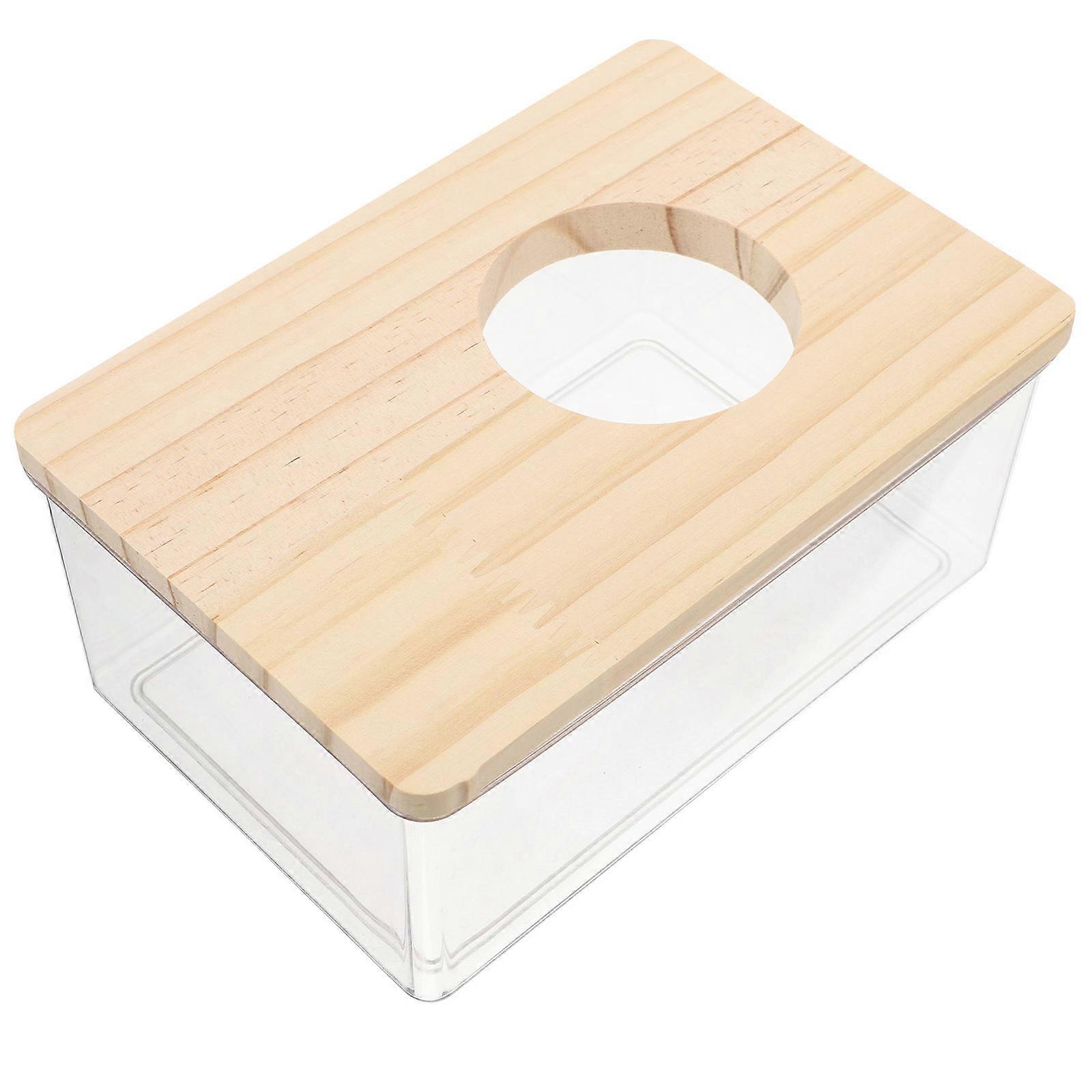 Transparent Hamster Bath Box with Wood Cover Sand Container for Small Animal Cages 1 Set Hamster Hides and Pet Bathtubs