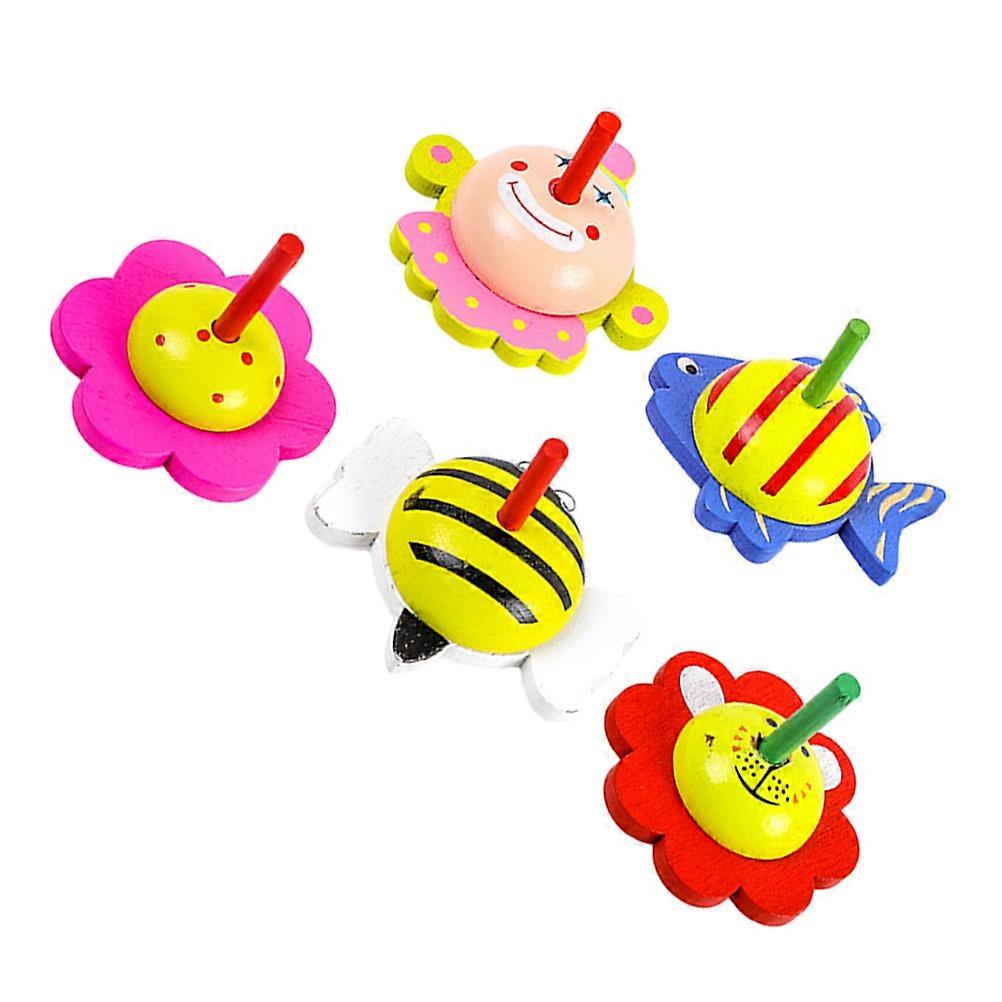 Wooden Spinning Top for Kids with Assorted Color 5 Pieces Cartoon Gyro Toy Portable Party Supplies