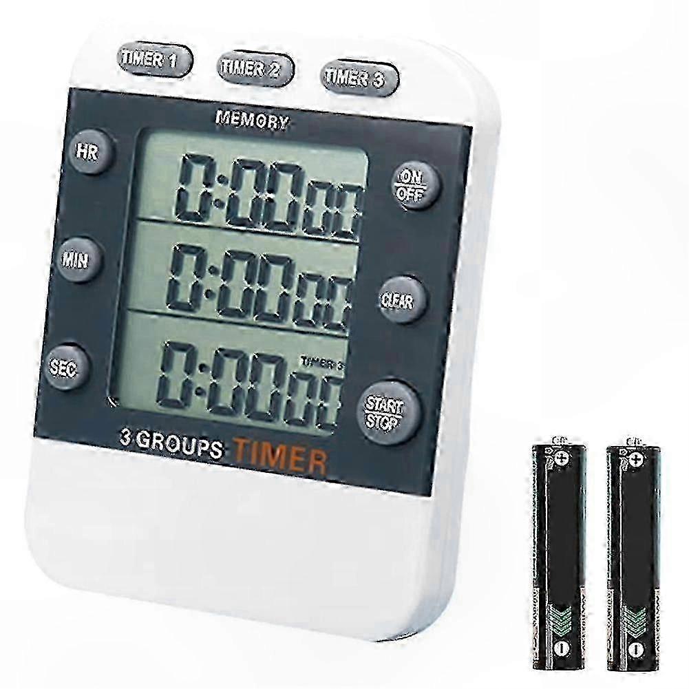 3-Channel Digital Kitchen Timer with Large Display, Count Up/Down Function, Black and White Design