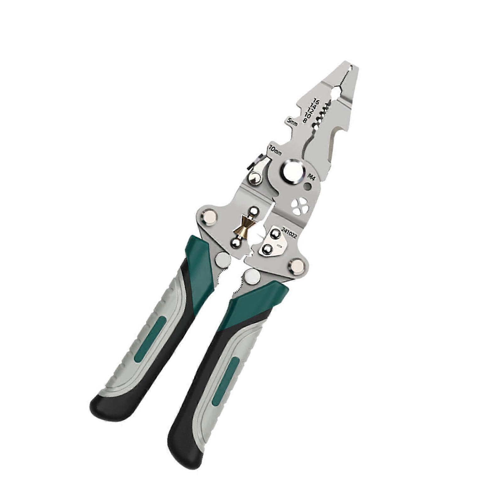 Foldable wire stripper and cutter crimper tool, compact wire stripping tool for electrical cable work.