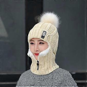 Winter Windproof Knitted Hat with Scarf Collar for Women, Warm Wool Ski Accessory Set