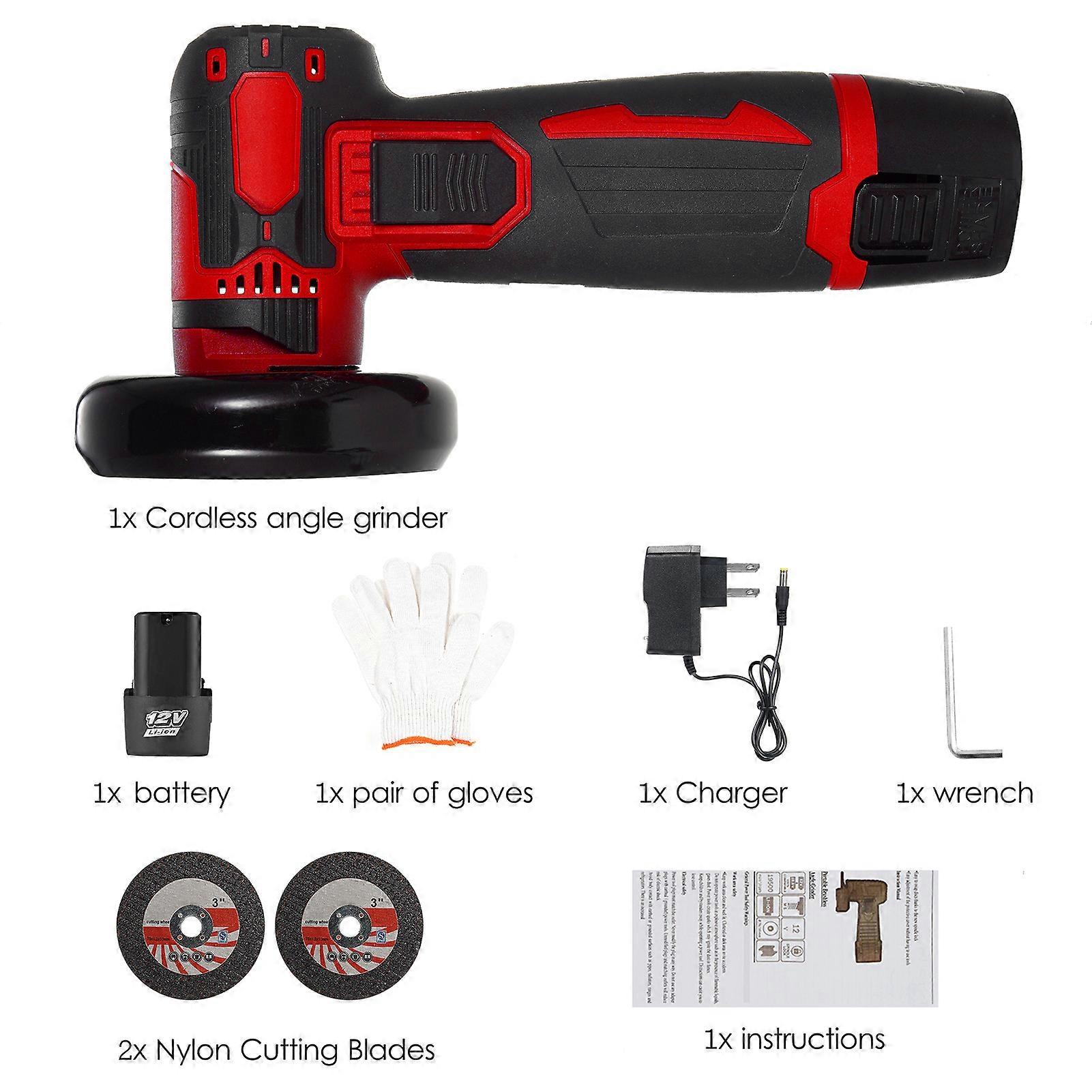 12V Cordless Mini Angle Grinder Kit with 3/76mm Grinding Disc 19500rpm Electric Tool 1PC Battery 2PC Cutting Discs