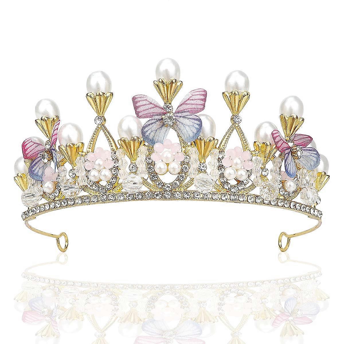 Princess Crown Tiaras for Girls, Handmade Pearl Butterfly Crystal Headpiece Hair Accessories for Birthday and Christmas Parties