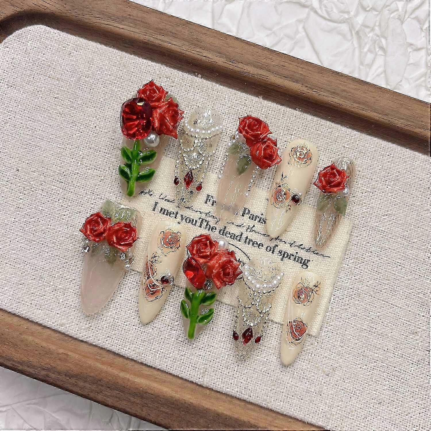 Rose Press on Nails Handmade, Elegant False Nails, Reusable Nail Tips
