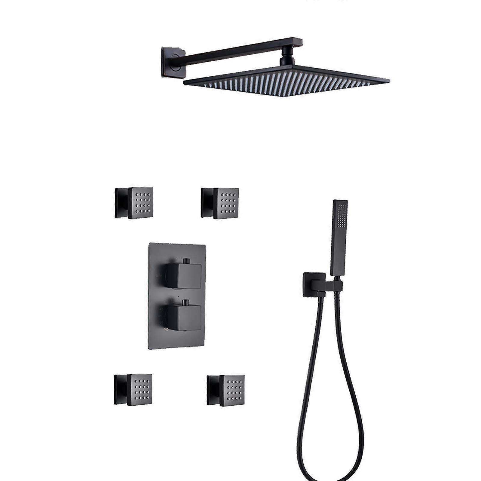Matte Black Rain Shower System Thermostatic Mixer Set, Wall-Mounted, 8-Inch Showerhead, Handheld