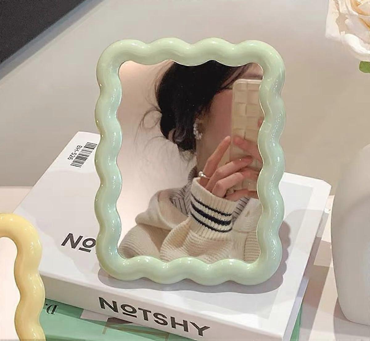 Cute Wave-Shaped Makeup Mirror - Green Desk Vanity Mirror for Travel, Standing or Hanging Use, Decorative Makeup Table Accessory