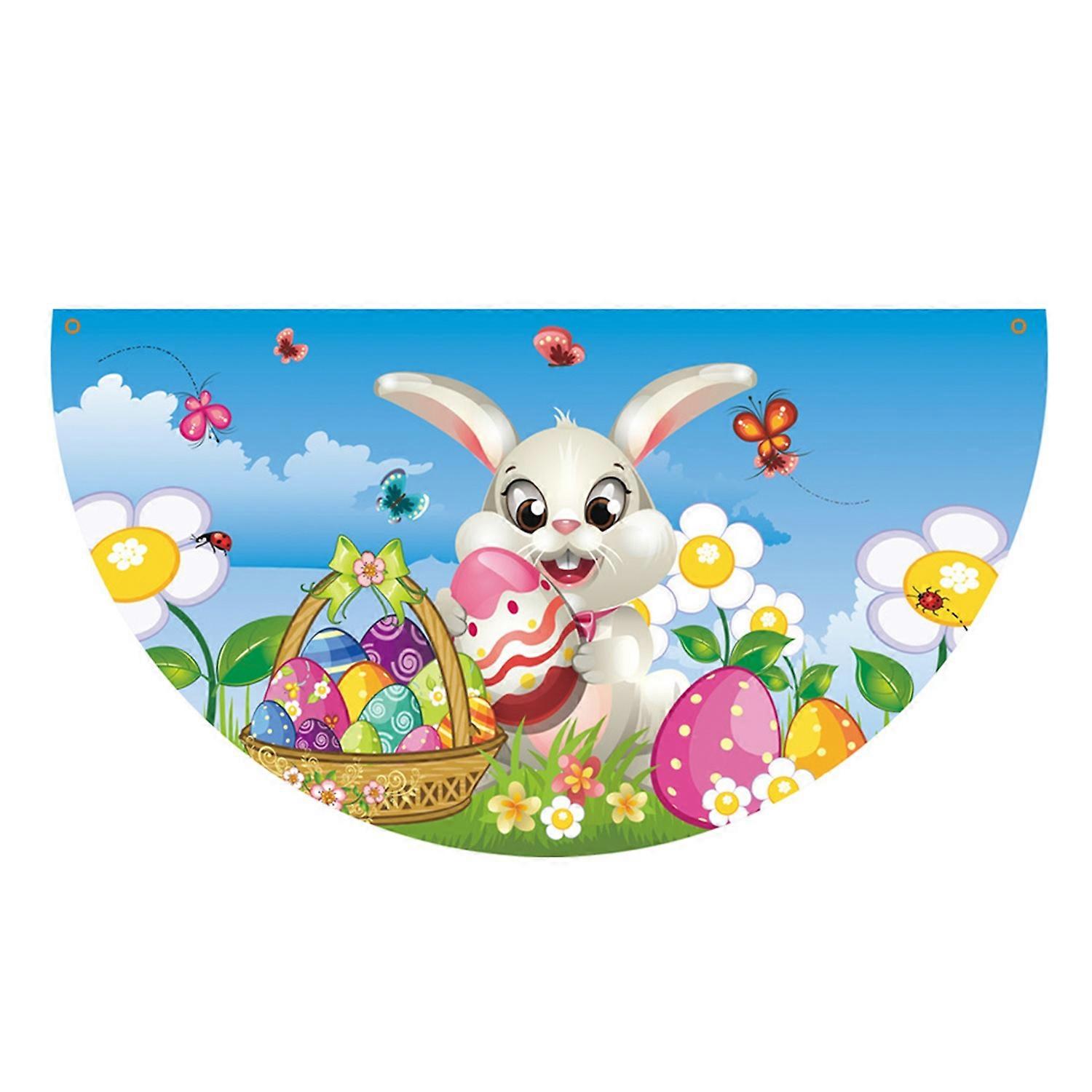 Fan-shaped Flag Cartoon Rabbit Polyester Cute Easter Egg Delicate Semicircle Banner for Garden