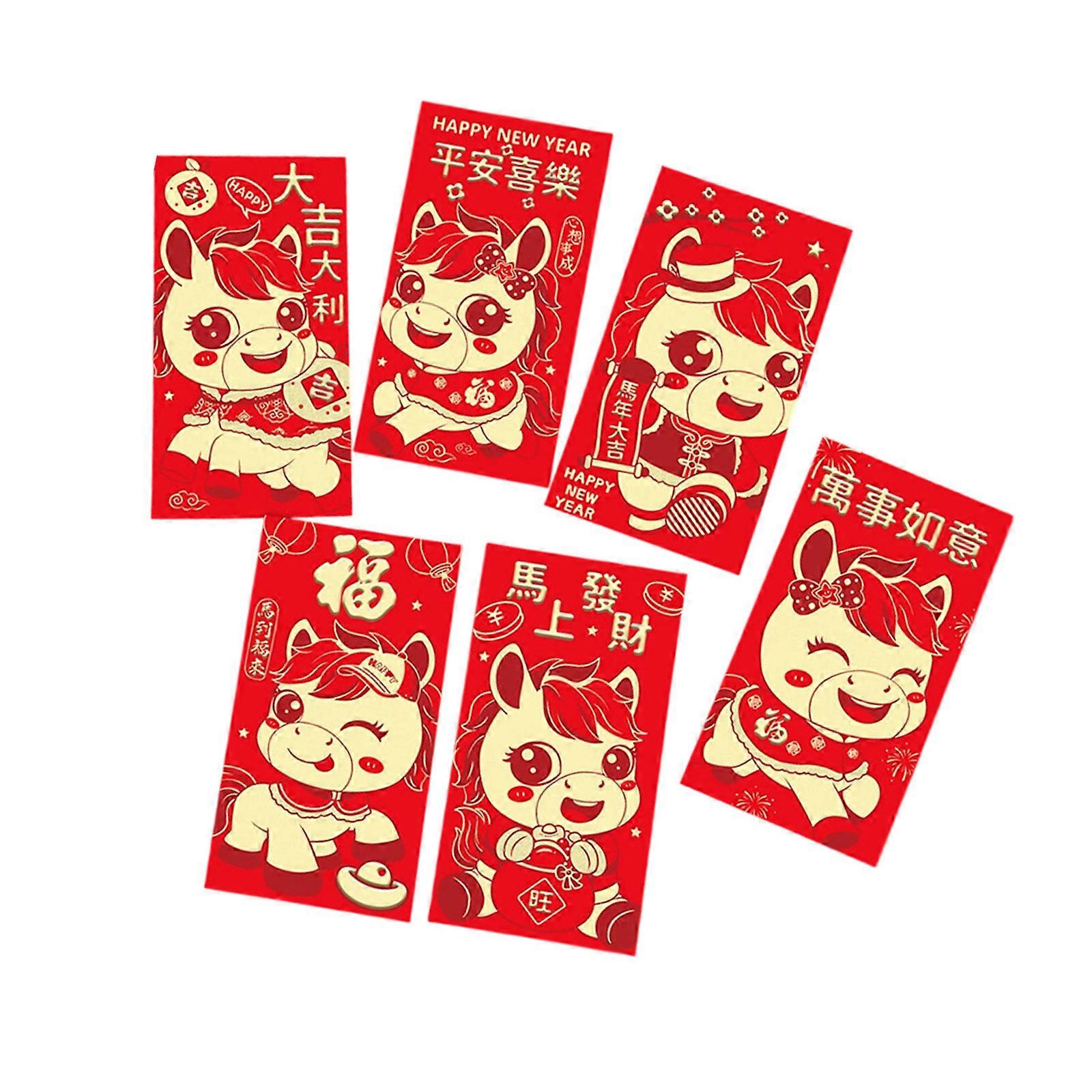 Pack Of 6 Year Of The Horses Red Envelopes Chinese New Year Blessing Paper Money Packets For Festives Occasion Multicolor
