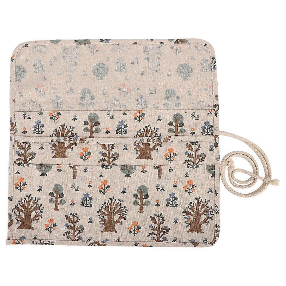 Floral Print Canvas Roll Up Pencil Bag Wrap Curtain Pen Case Large Capacity Storage Pouch