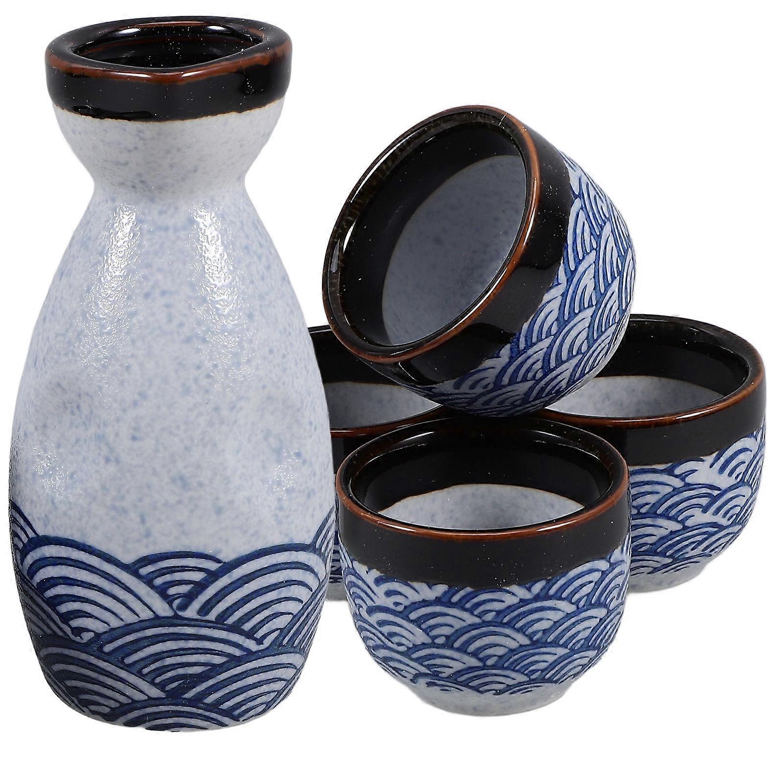 Sake Japanese Wine Ceramics Sake Cup Set Special Drinking Occasion Wave Pattern 1Set