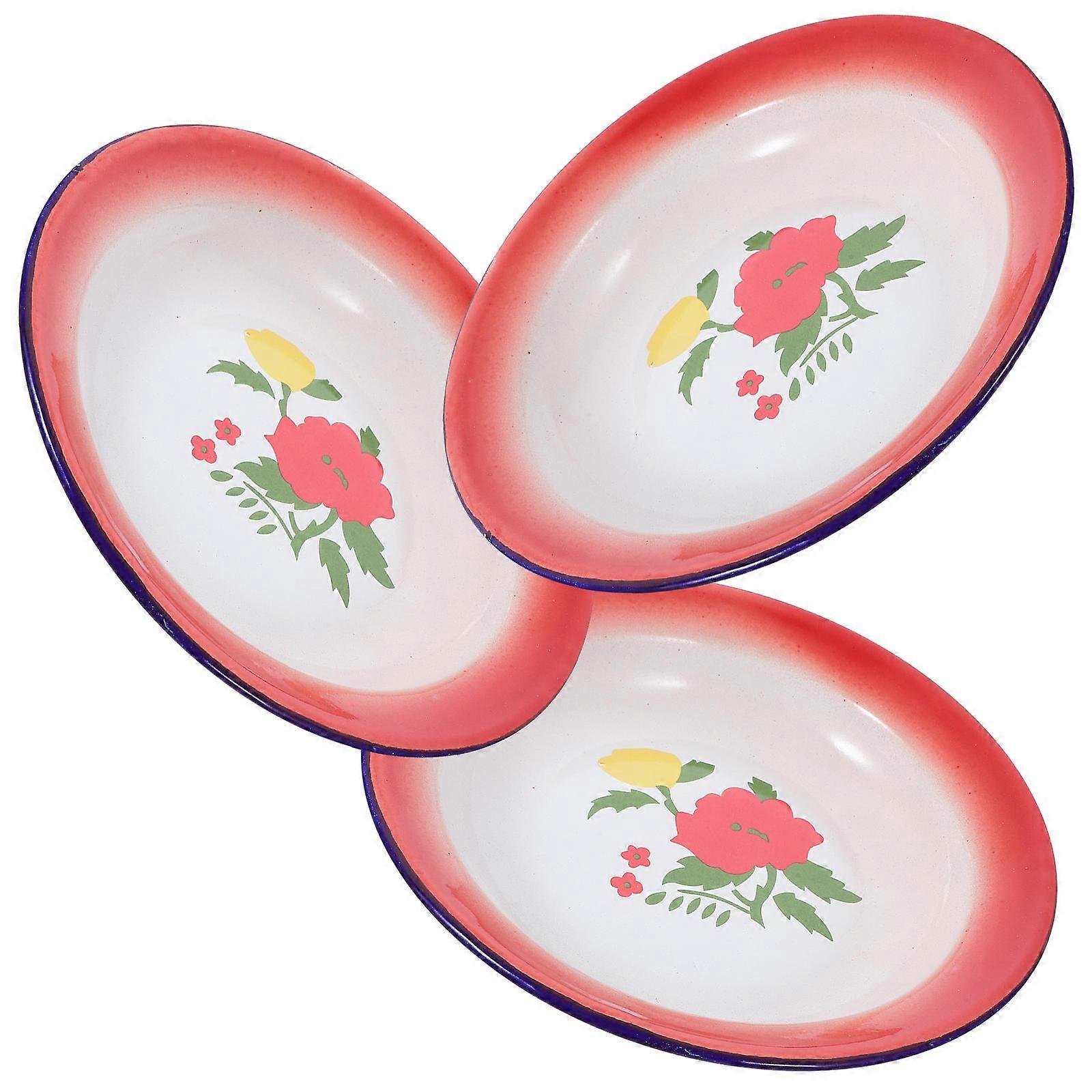 Enamelware Plate Thickened Steamed Dish Plate for Home Use 3Pcs Red