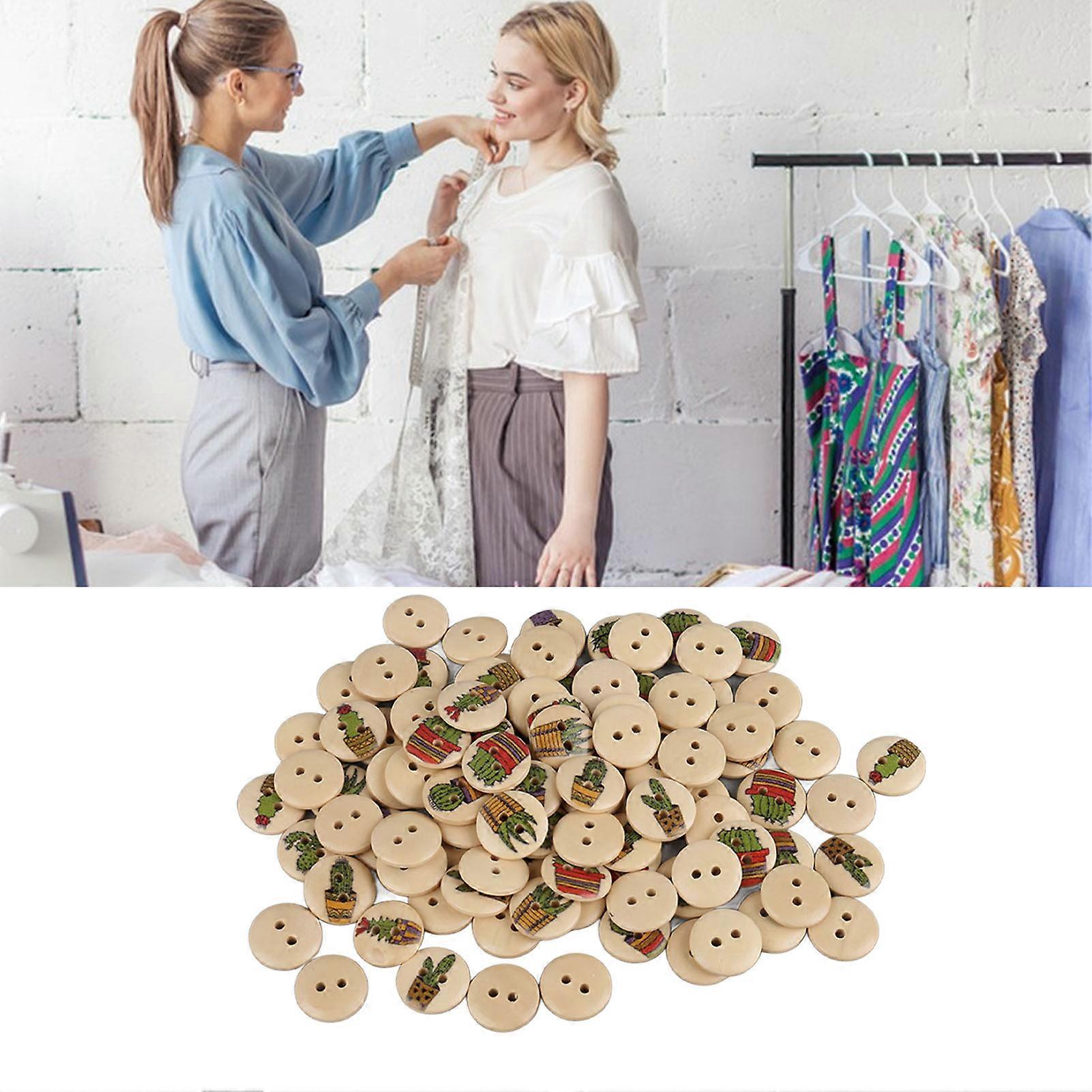 100pcs Mixed Printing Wooden Buttons 2 Holes Round Decorative Wooden Buttons for Sewing Craft Log Color Cactus 