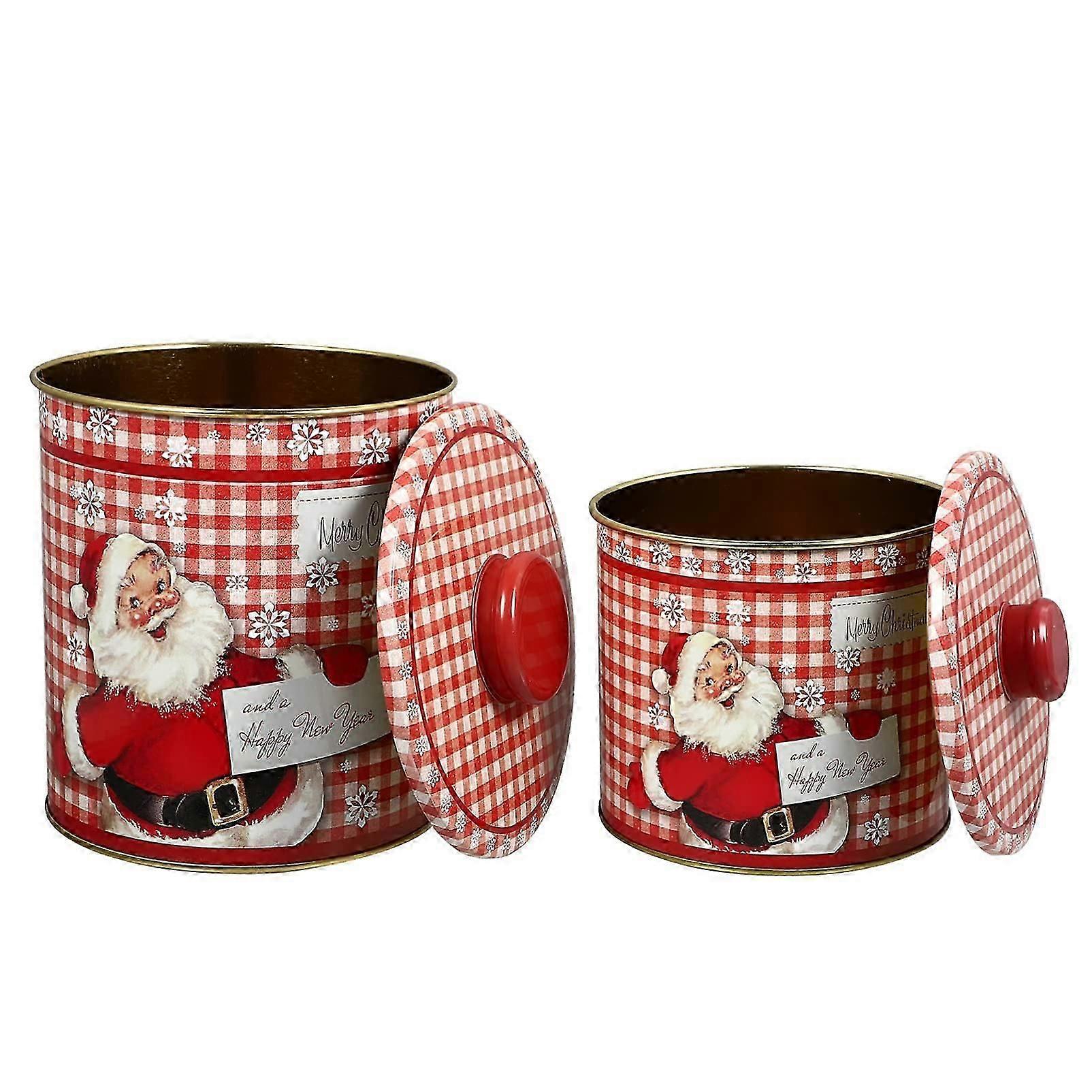 2 Christmas Cookie Tin Boxes with Lids, Vintage Metal Tin Cans Empty Tins for Christmas, Retro Cookie Tin Barrel
