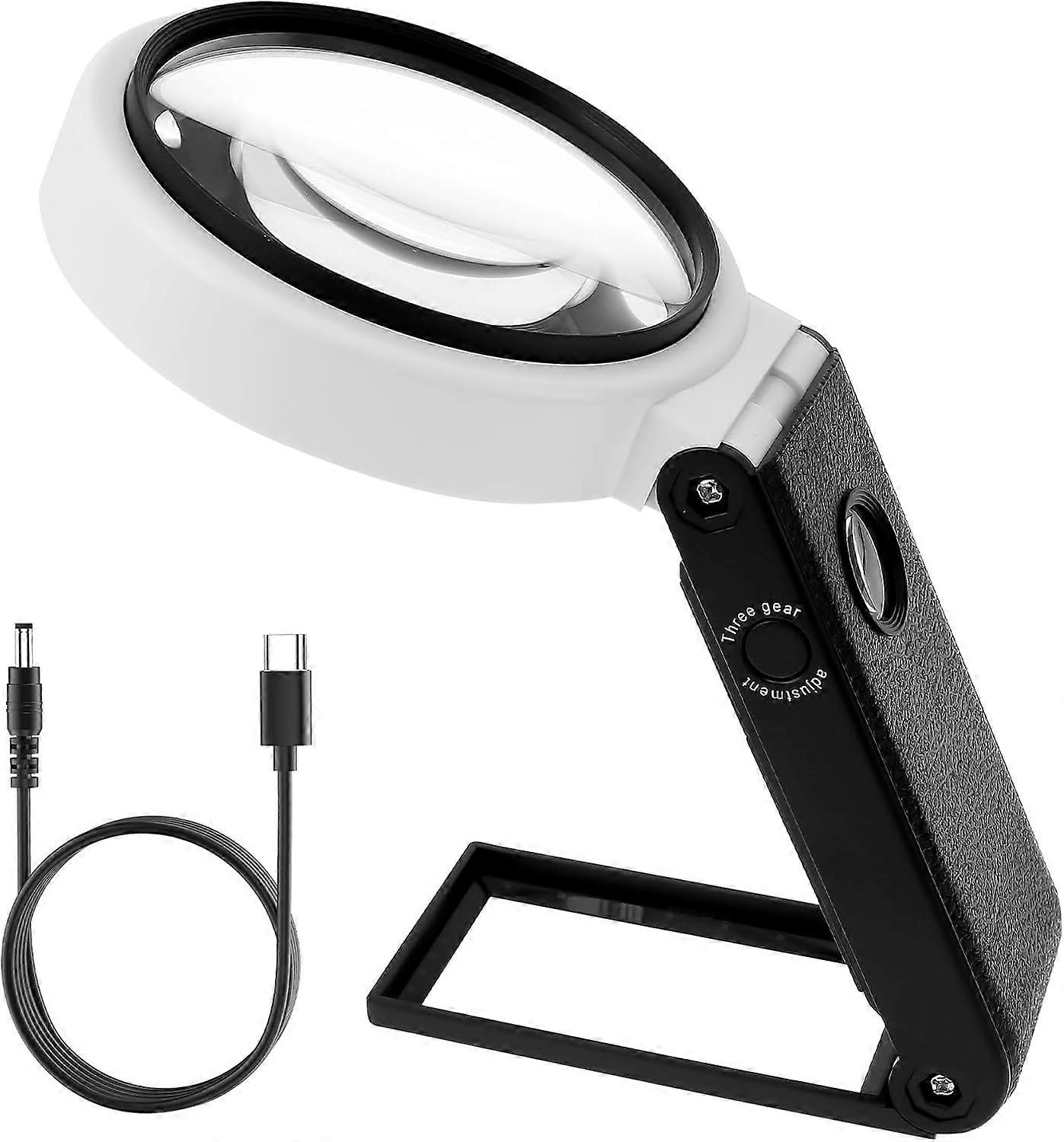Magnifying Glass With Light And Stand 10X  Foldable Magnifier Usb Handheld And Standing Illuminated 
