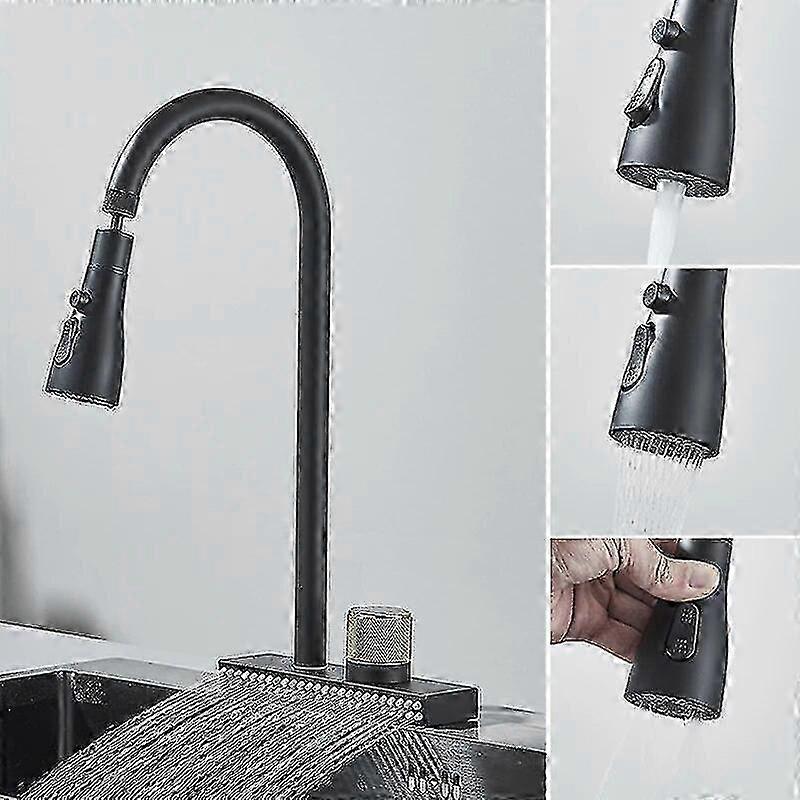 絶妙な大きな滝ブラックグレーのキッチン蛇口温度スケール付きコールドホット真鍮シングルホールタップ水出口が回転できる2つの方法